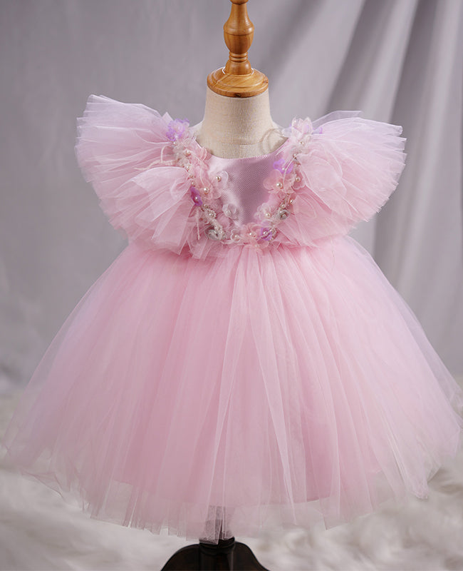 Pink Girls Tulle Dress with Floral Butterfly Details for Weddings and Parties Yalindars Pink Girls Tulle Dress with Floral Butterfly Details for Weddings and Parties Yalindars