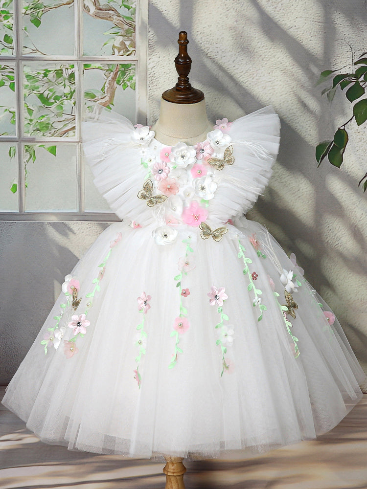 green emerald velvet dress White Flower Girl Dress with 3D Butterfly – Yalindars