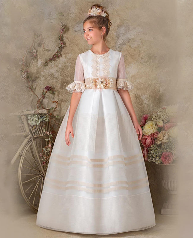 Girls White Princess Dress with Floral Belt – Yalindars